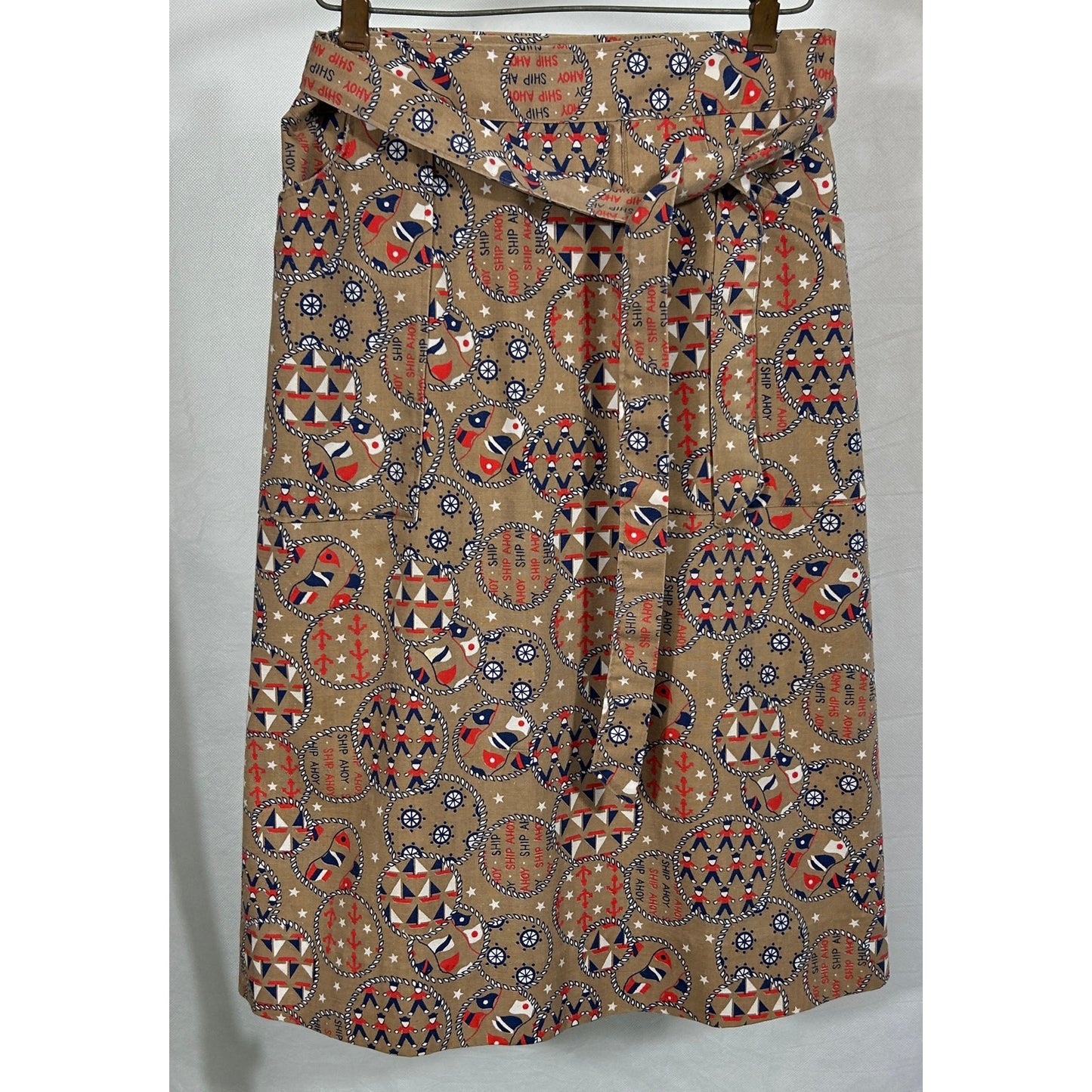 Vintage Nautical Print Wrap Skirt Tan Red White Blue | Size S | 27" Length