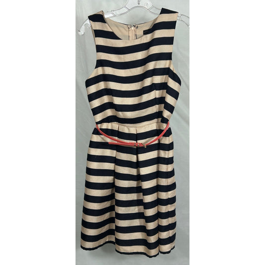 City Studio Navy & Cream Striped Fit & Flare Dress with Coral Belt - Size 3