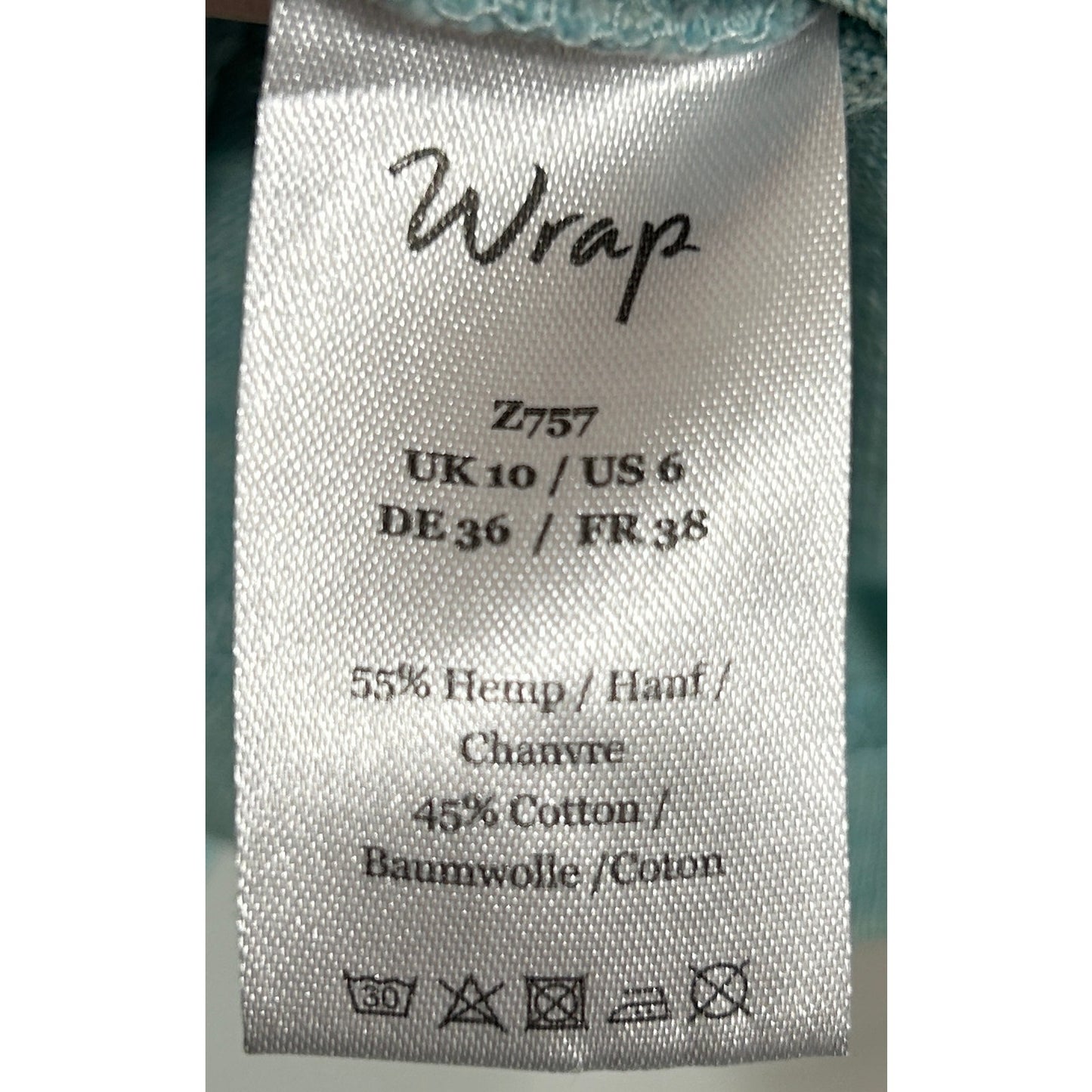 Wrap London Blue Hemp Cotton 3/4 Sleeve Top UK 10 US 6 Casual Pullover