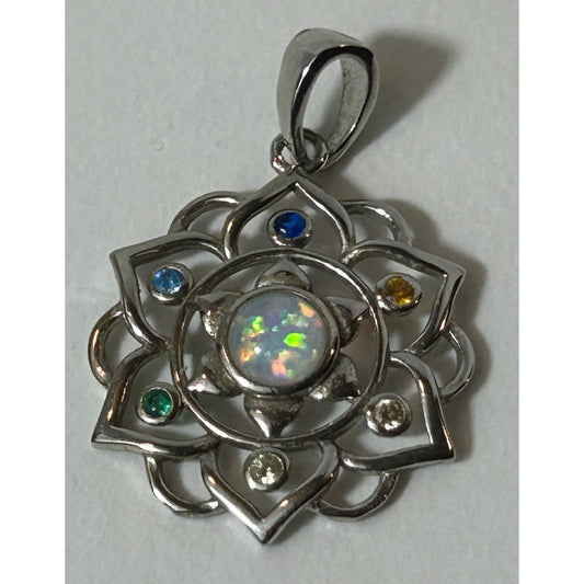 Sterling Silver Lotus Mandala Pendant with Opal & Multi-Gem Accents 1"