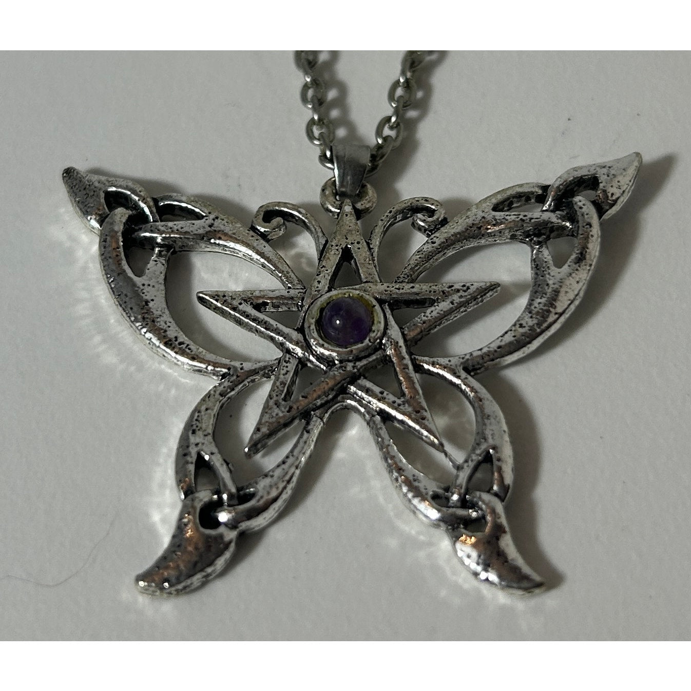 Silver Butterfly Pentacle Necklace with Purple Cabochon, 18"