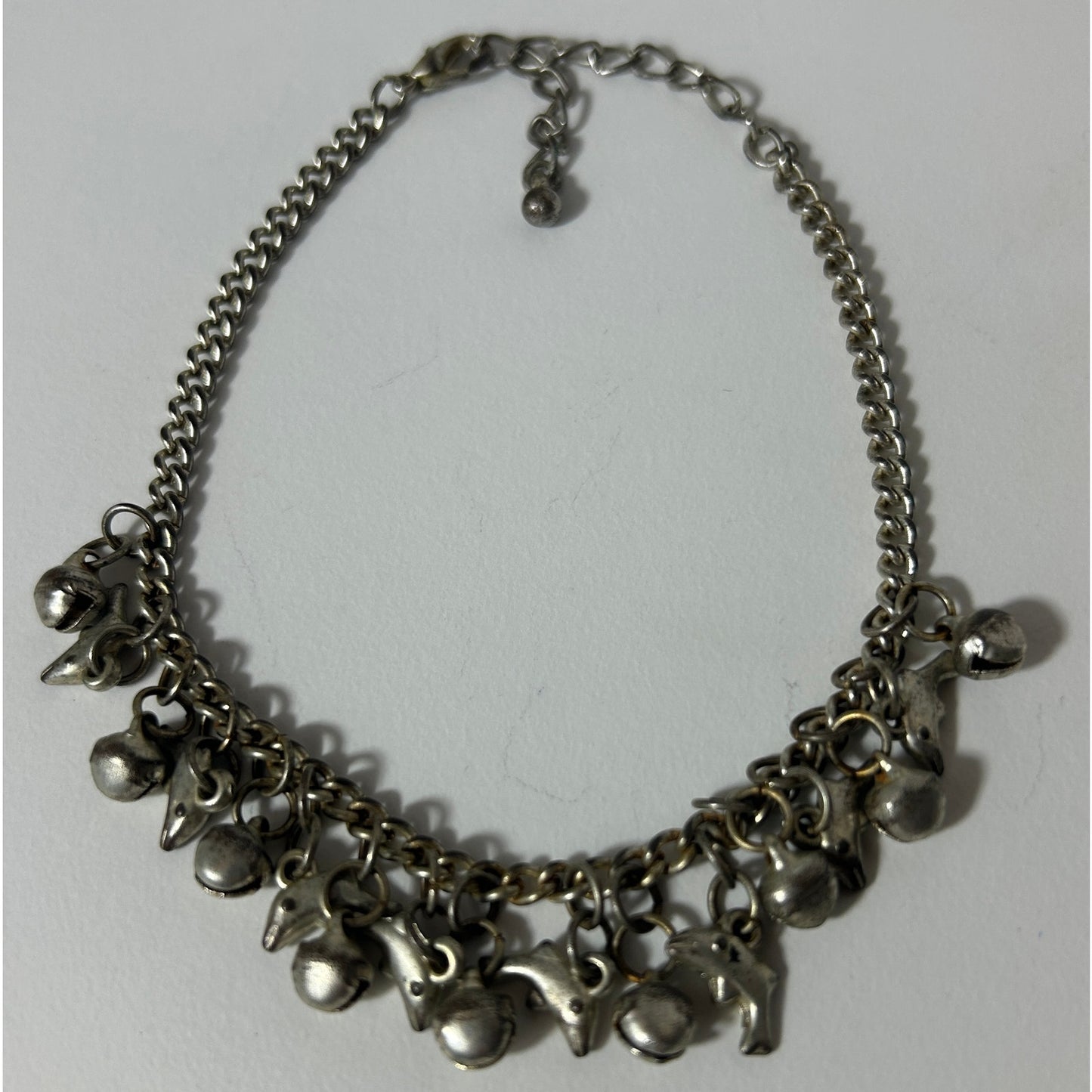 Vintage Charm Bracelet with Bells & Dolphins – Silver Tone 9.5”