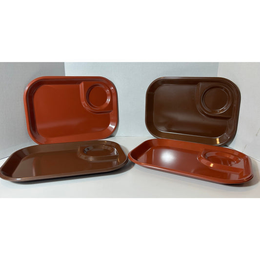 Set of 4 Vintage Rubbermaid 3850 Brown & Rust Divided TV Trays with Cup Holder