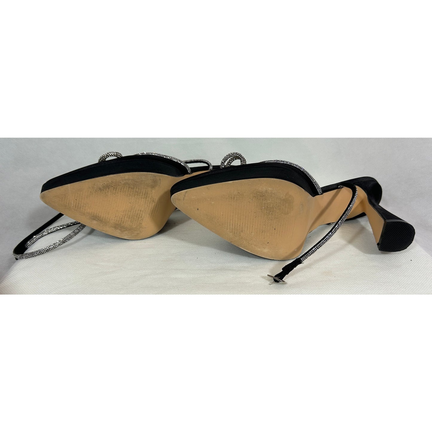 Black Satin Rhinestone Bow Ankle Strap Heels – Size 8.5