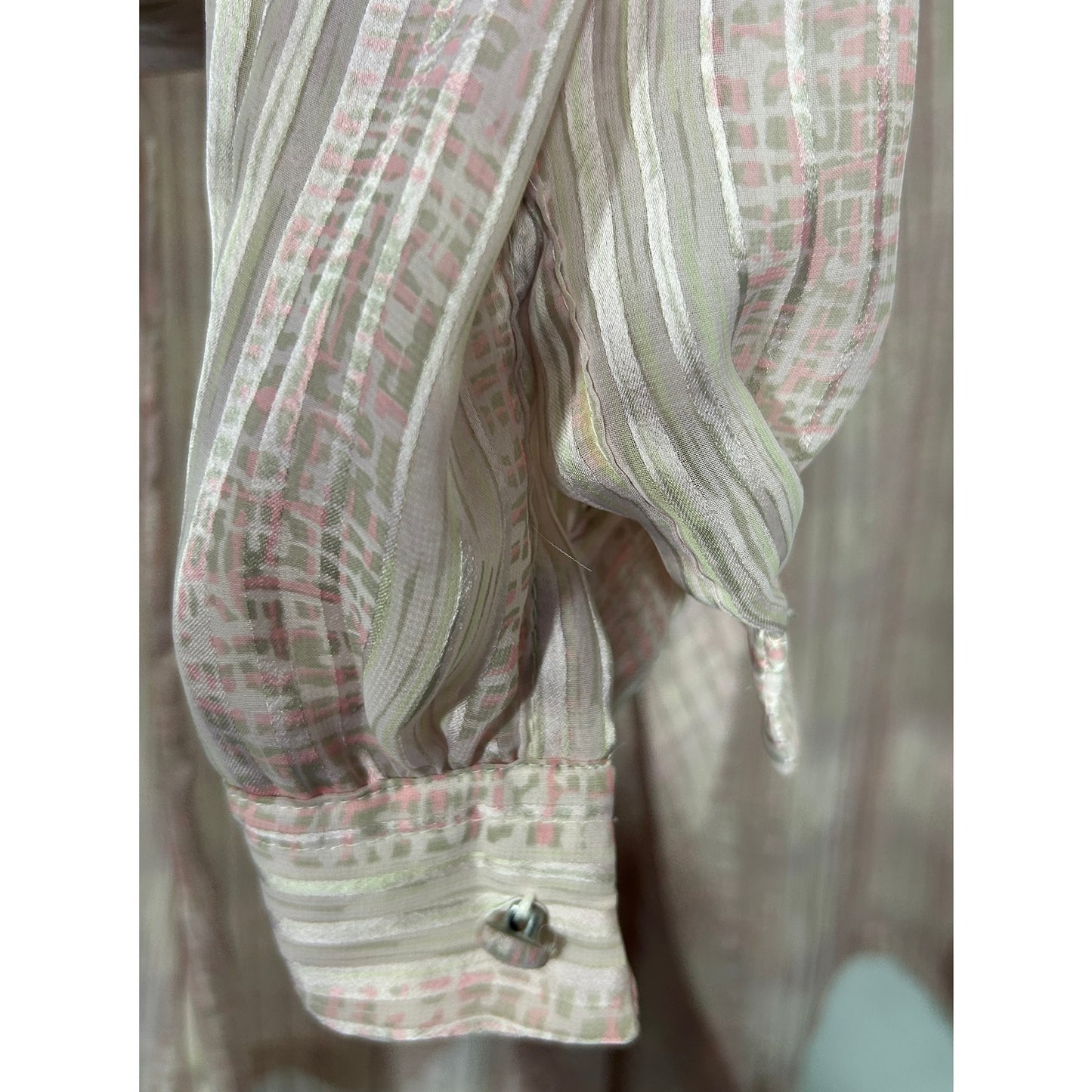 Vintage Shapely Sheer Pink Stripe Pussy Bow Blouse Size 12