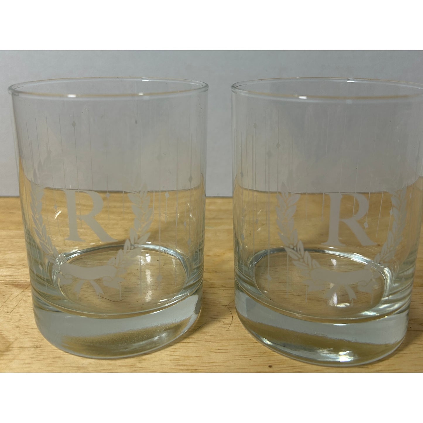 Etched R Monogram Glass Tumblers, Set of 2, 4" Tall, 3.25" Diameter