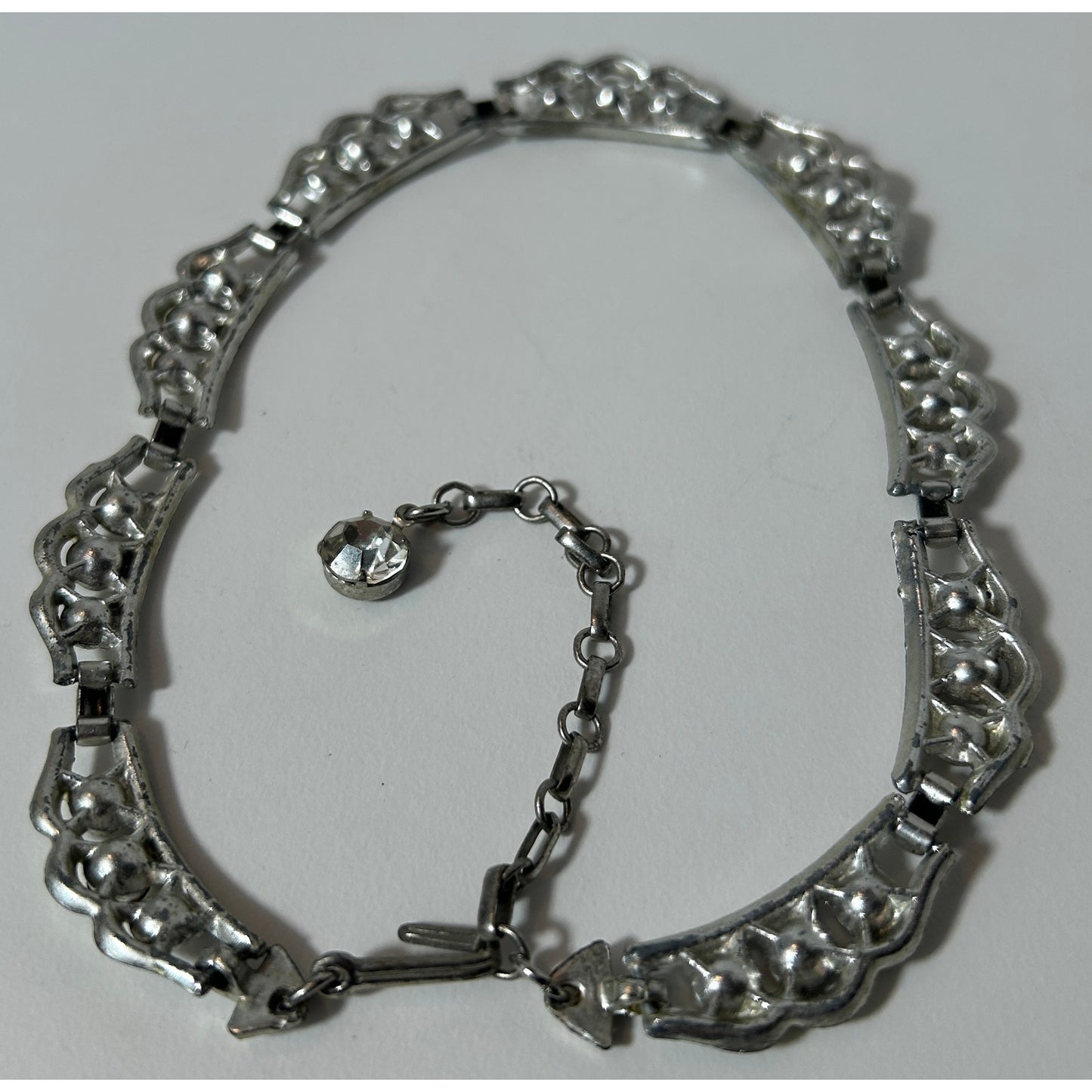 Vintage Silver Tone Rhinestone Choker Necklace 16" Linked Art Deco Style