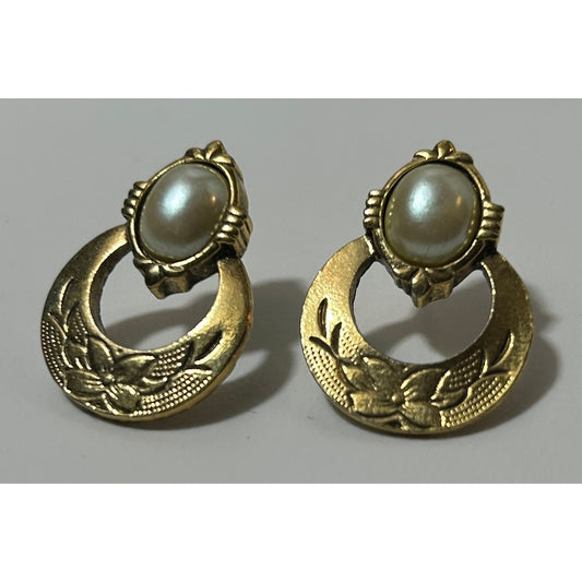 Vintage Gold Tone Floral Hoop Earrings with Pearl Center 1"