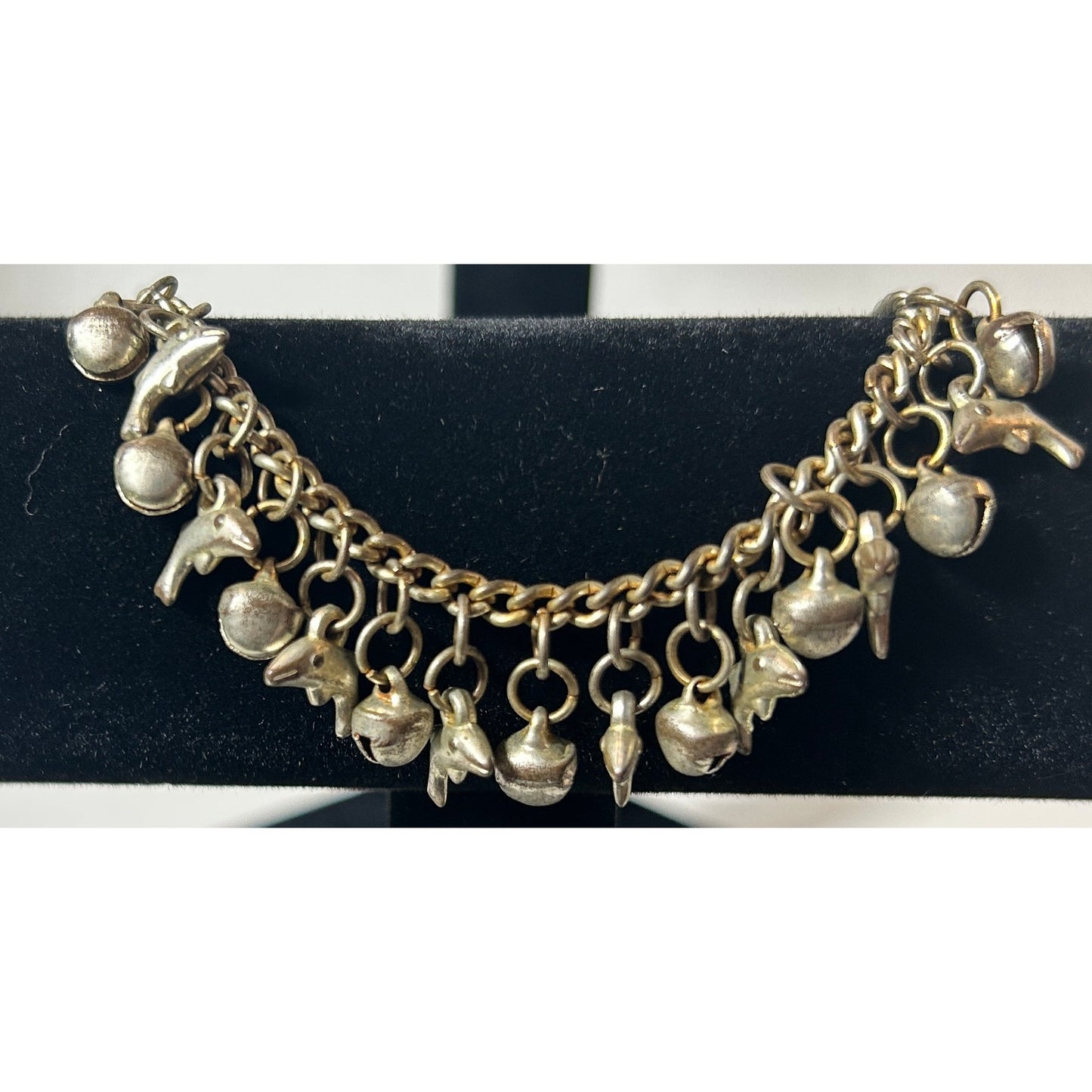Vintage Charm Bracelet with Bells & Dolphins – Silver Tone 9.5”