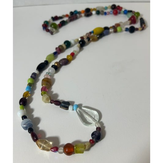 Vintage Multicolor Mixed Glass Bead Necklace with Drop Accent, 50"