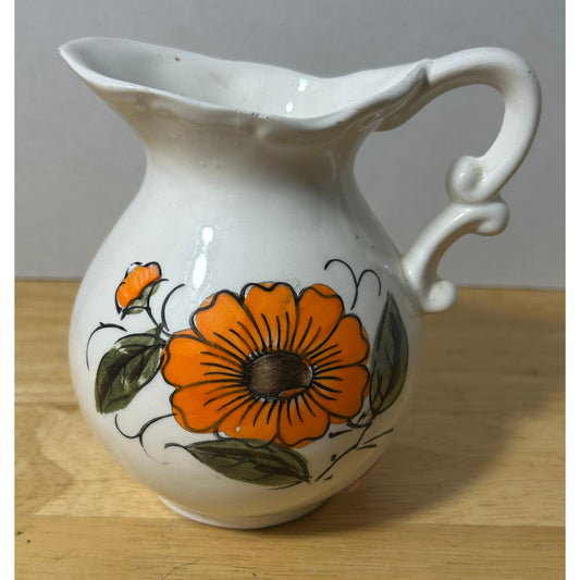 Hand Painted Japan Floral Pitcher with Orange Flower, 6” Tall 6” Wide