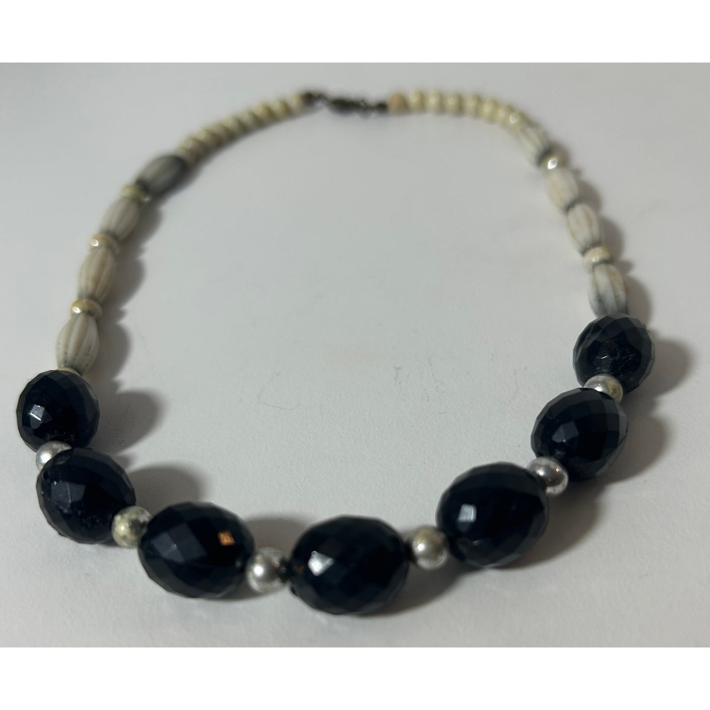 Vintage Black Faceted Bead & Bone-Style Necklace 18” Silver Tone Accents