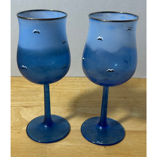 Hand‑Painted Blue “Karin” Wine Goblets Silver Rim, 7.25″ Tall, Set of 2