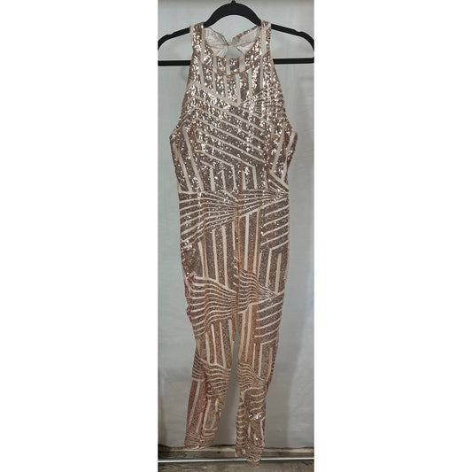 Rose Gold Sequin Jumpsuit XL Handmade Backless Evening Romper 53" Long