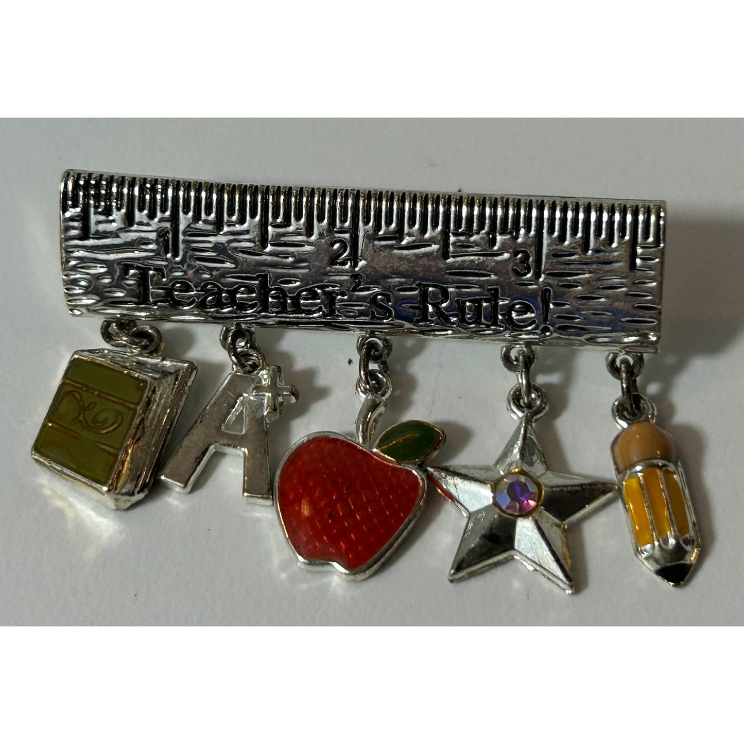 Vintage “Teachers Rule!” Ruler Brooch with Dangling School Charms – 2″ Wide