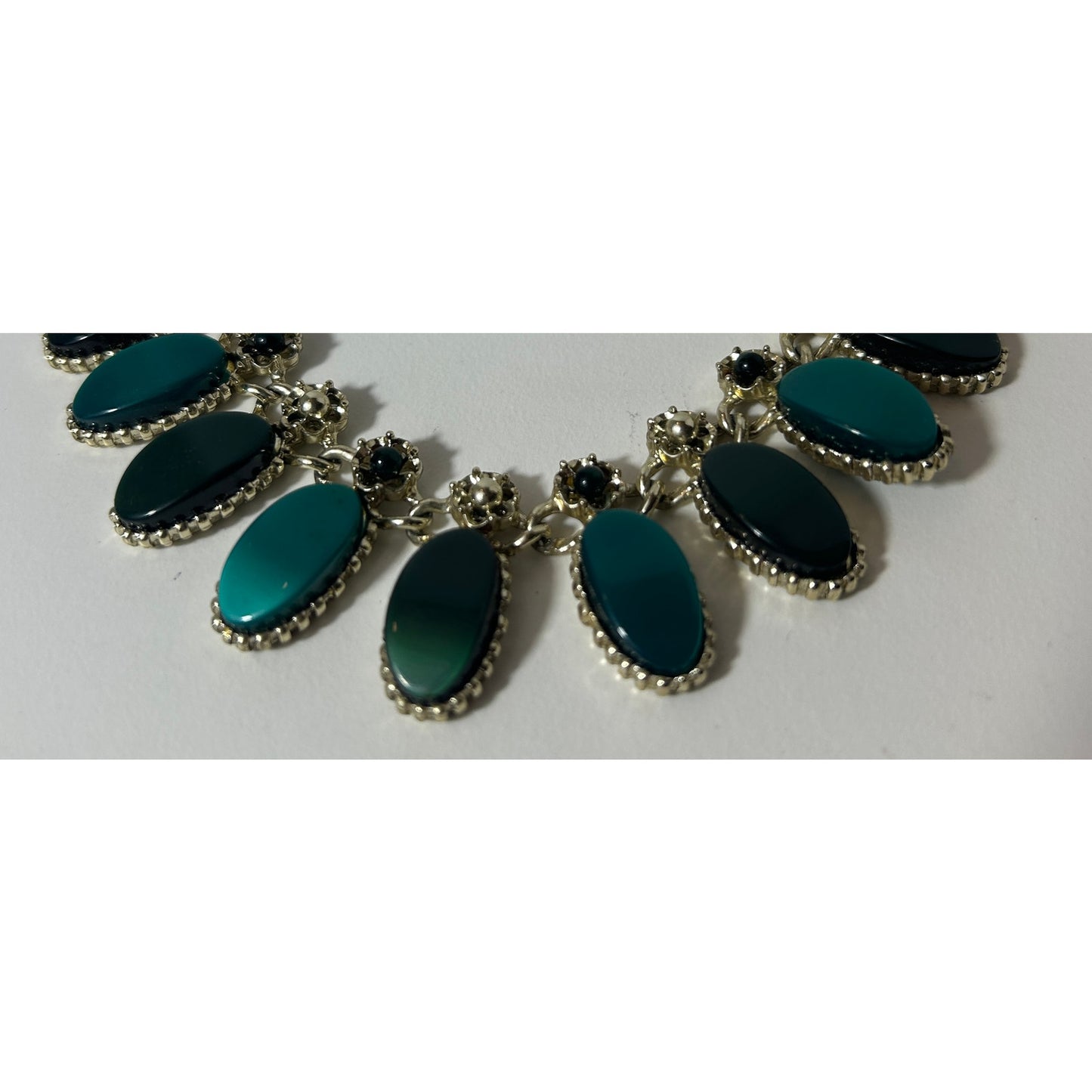 Vintage Teal Cabochon & Gold Floral Statement Necklace 16" Adjustable