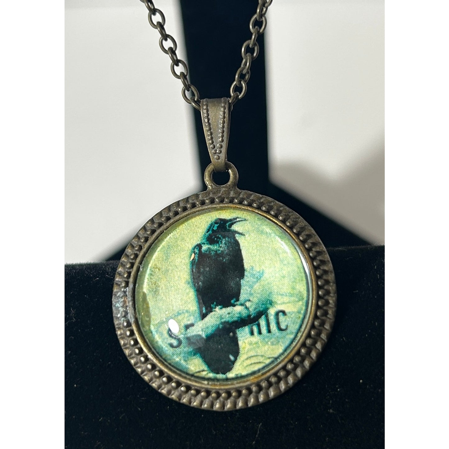 Vintage-Inspired Glass Dome Raven Pendant Necklace with Brass Chain, 21.25"
