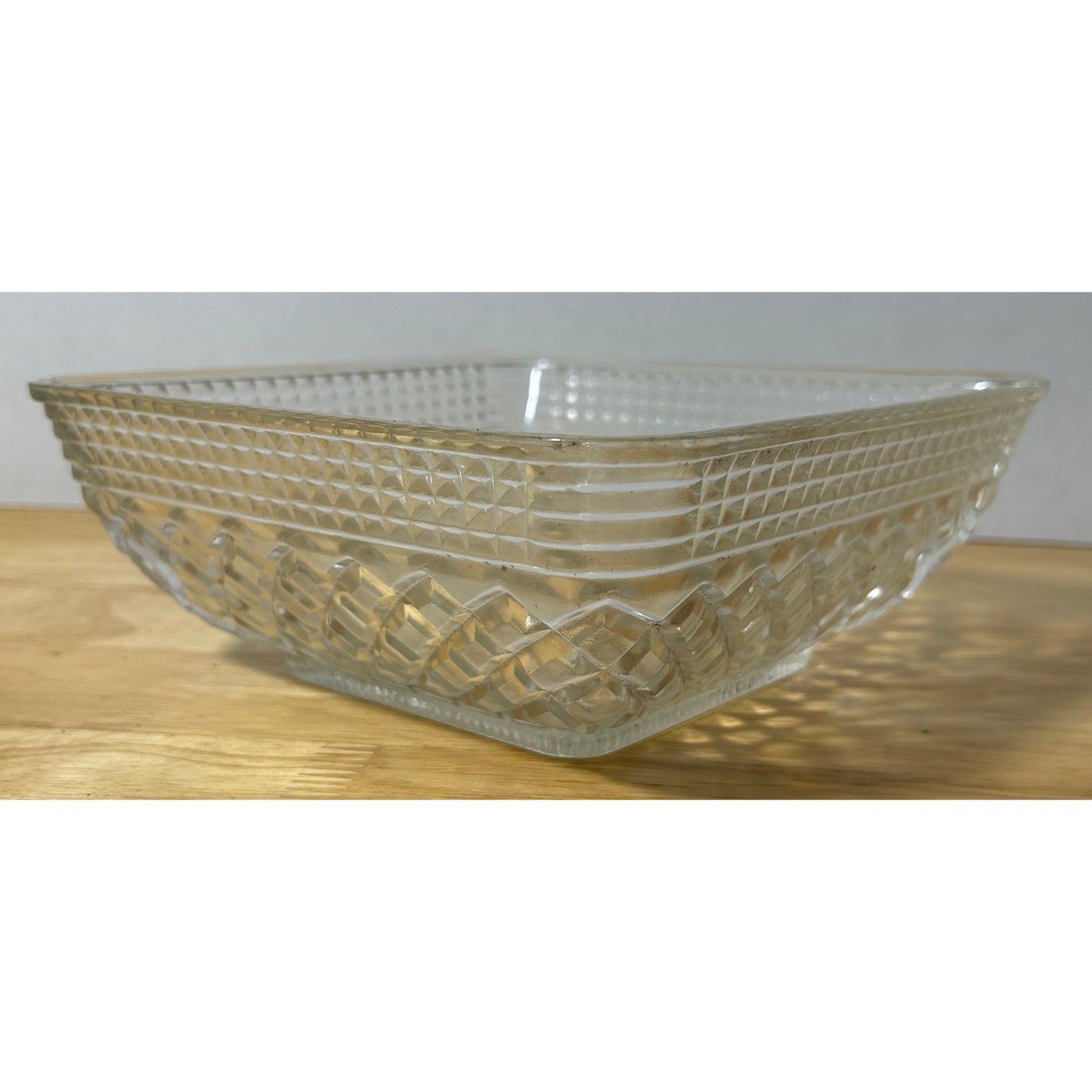 Vintage Square Pressed Glass Bowl 7¾″ Diamond Grid Pattern – Clear Trinket Dish