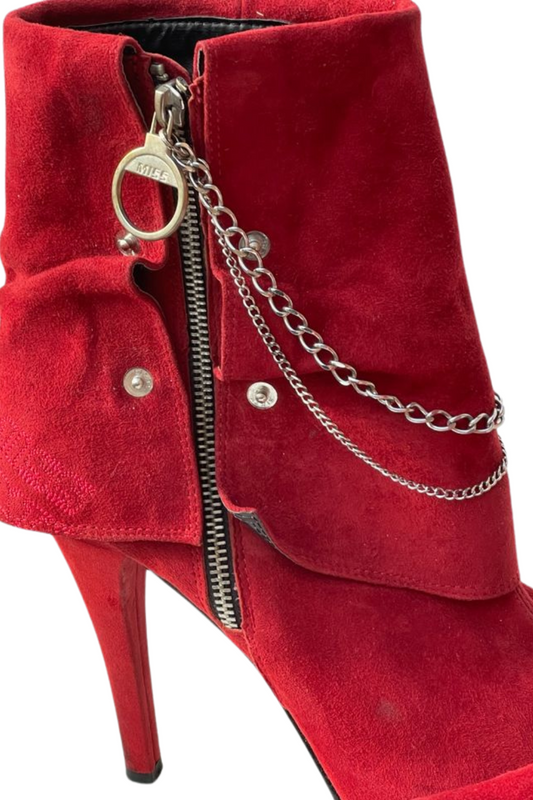 🔥 RARE Miss Sixty Red Suede Peep-Toe Ankle Boots with Chain Detail 🔥