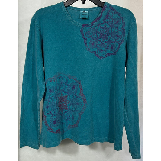 Earth Creations Hemp Organic Cotton Long Sleeve Shirt Teal Mandala Print L
