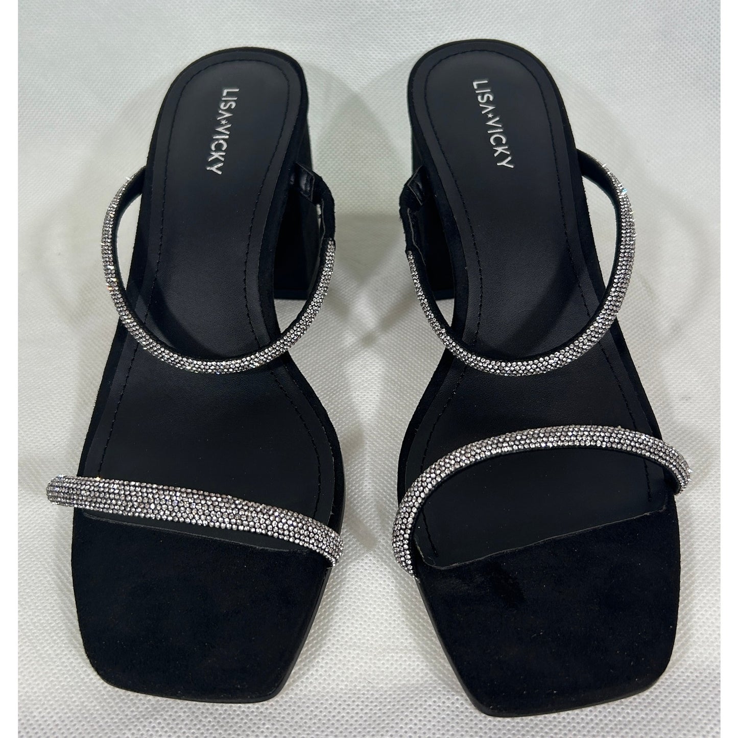 Lisa • Vicky Black Sparkly Strappy Block Heel Sandals 9.5M | NIB