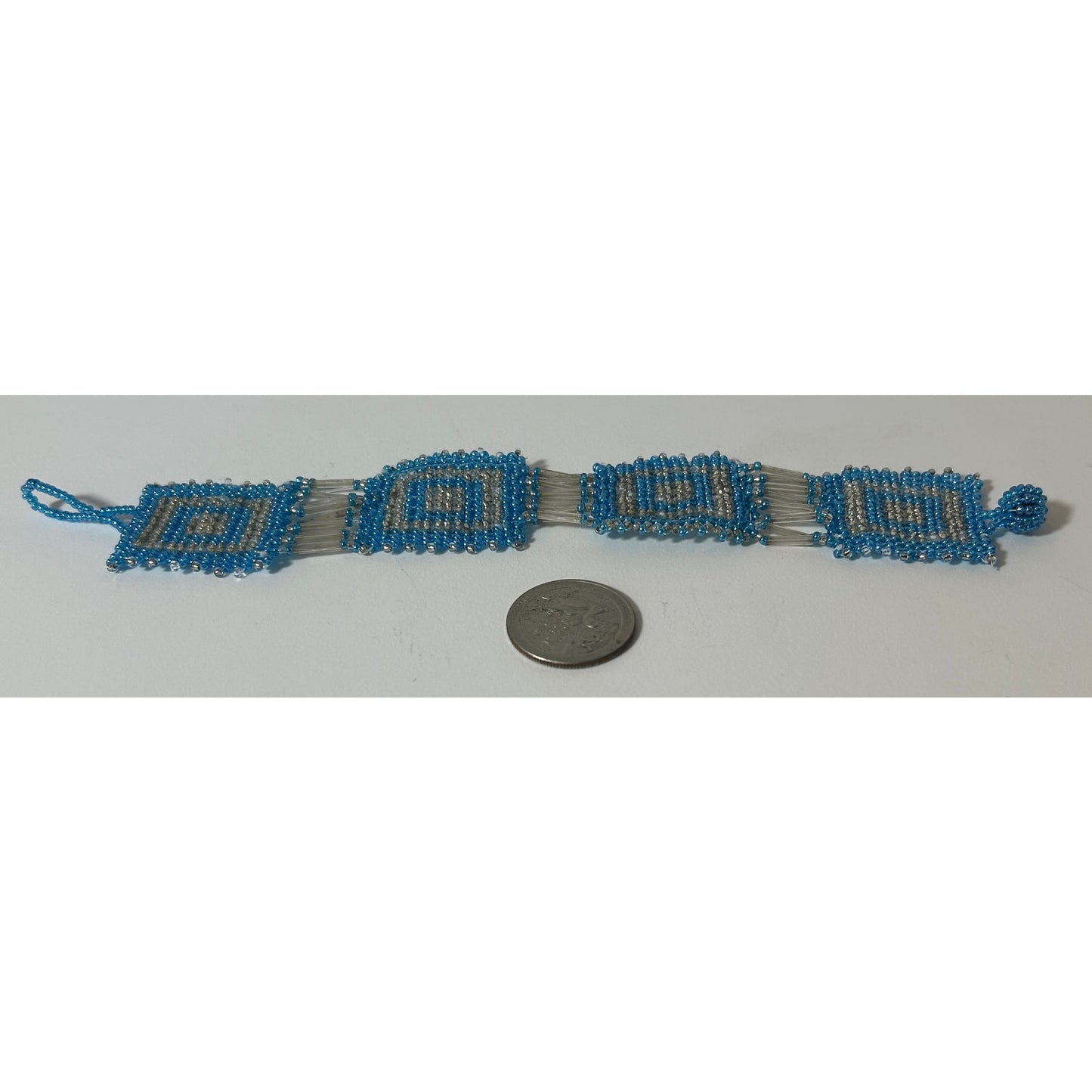 Handmade Blue Silver Seed Bead Woven Bracelet 8.25" Geometric Squares