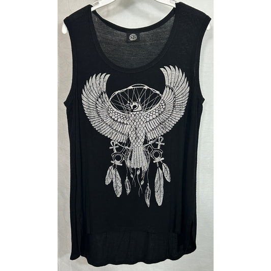 Bobeau Black Graphic Muscle Tank Top Made in USA Boho Bird Dreamcatcher L