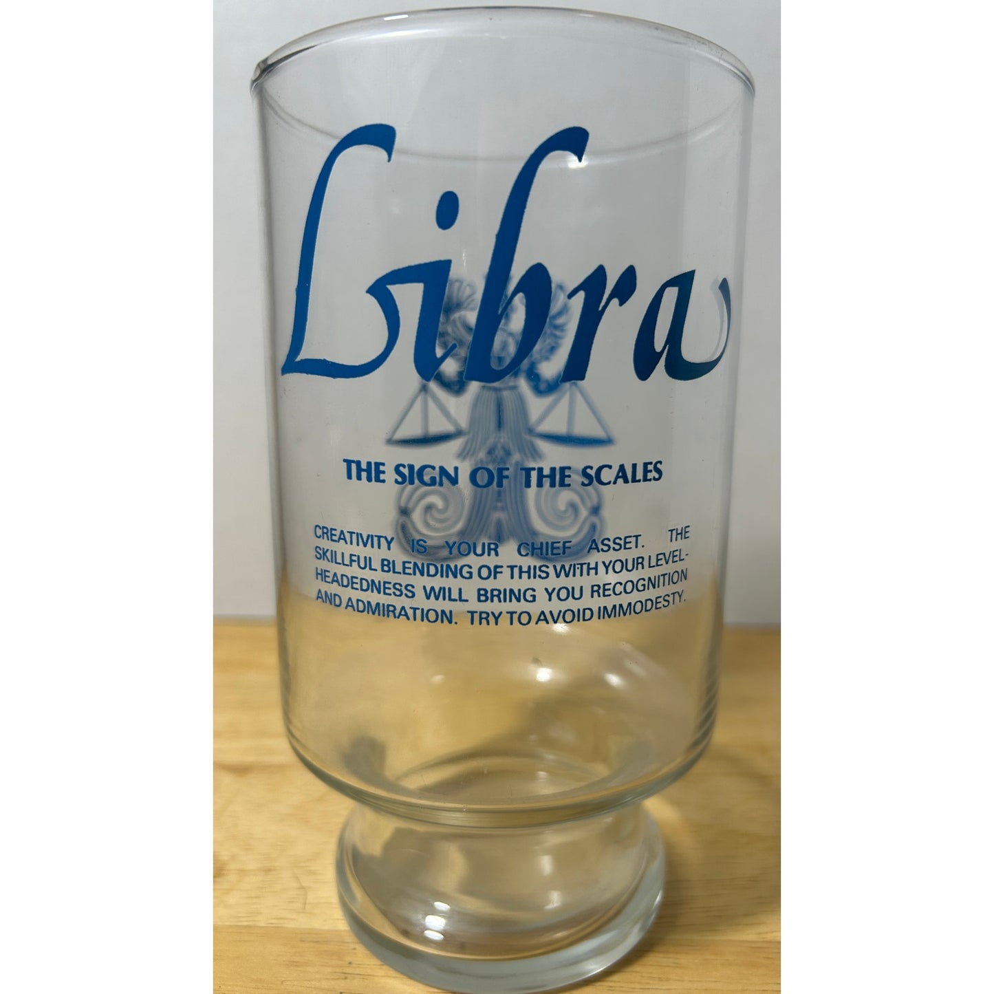 Vintage Libra Zodiac Horoscope Glass 7” Tall – Blue Scales & Traits