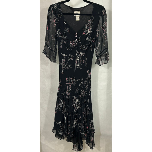 Ice Brand 100% Silk Black Cafe Print Dress Size 10 Ruffle Hem V-Neck