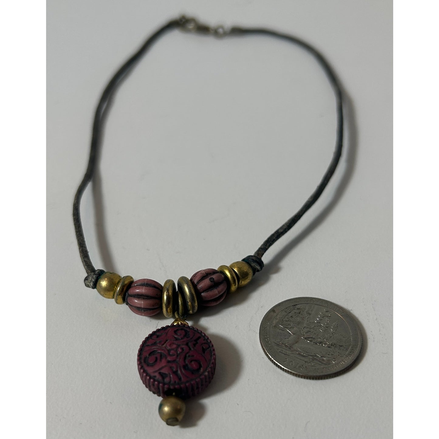 Boho Leather Cord Necklace w/ Brass & Carved Resin Beads 16"