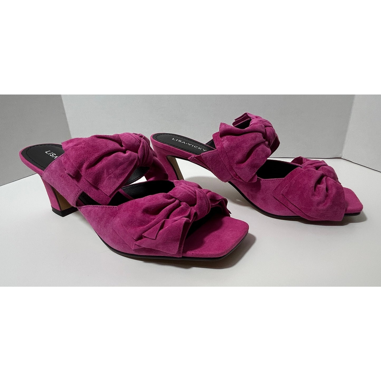 Lisa Vicky Fuchsia Suede Mule Heels w/ Double Bow Accent Size 9.5M NIB