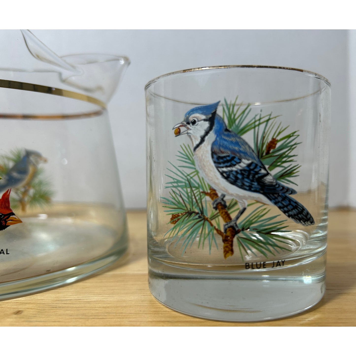 West Virginia Glass Co Songbird Pitcher & Glass – Cardinal & Blue Jay