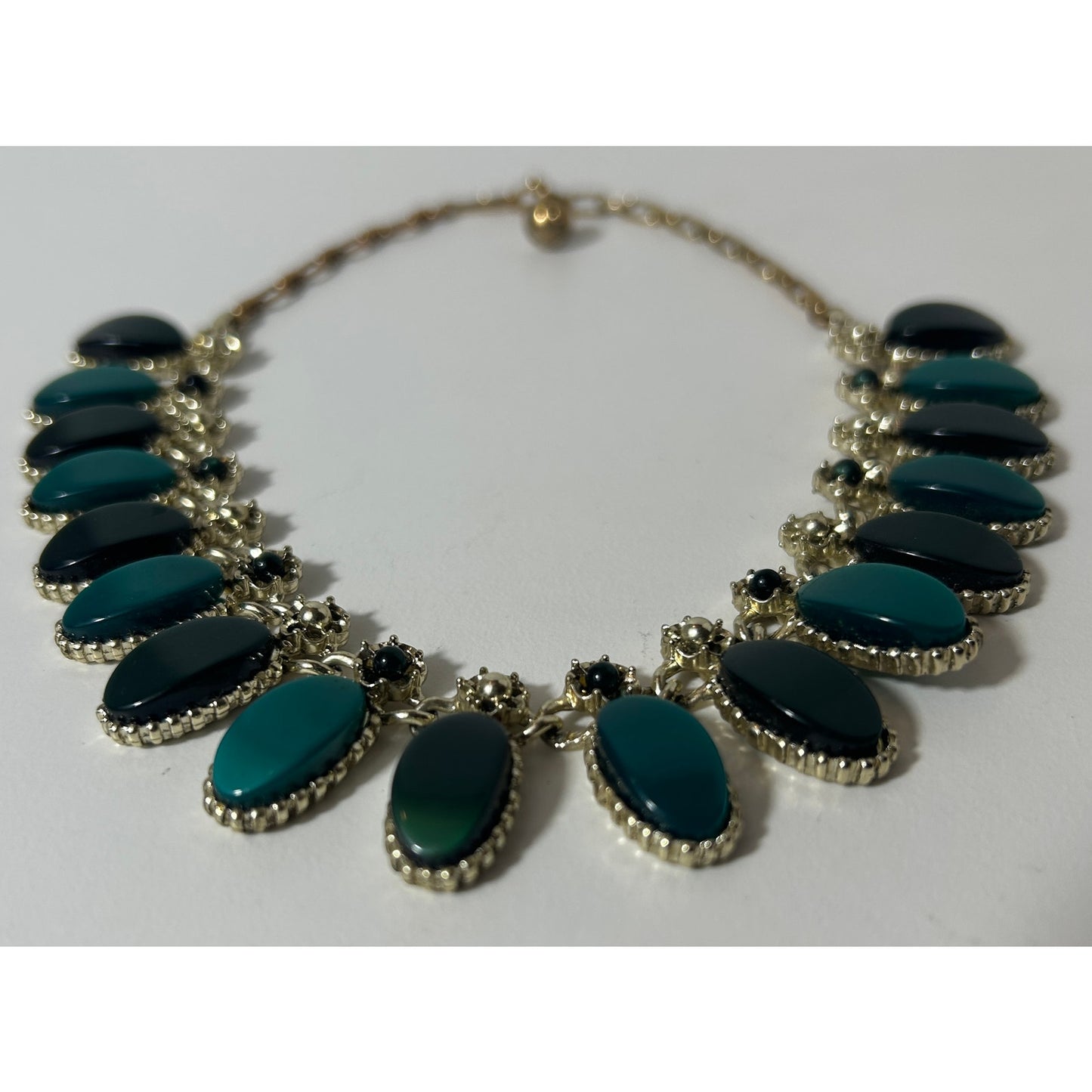 Vintage Teal Cabochon & Gold Floral Statement Necklace 16" Adjustable
