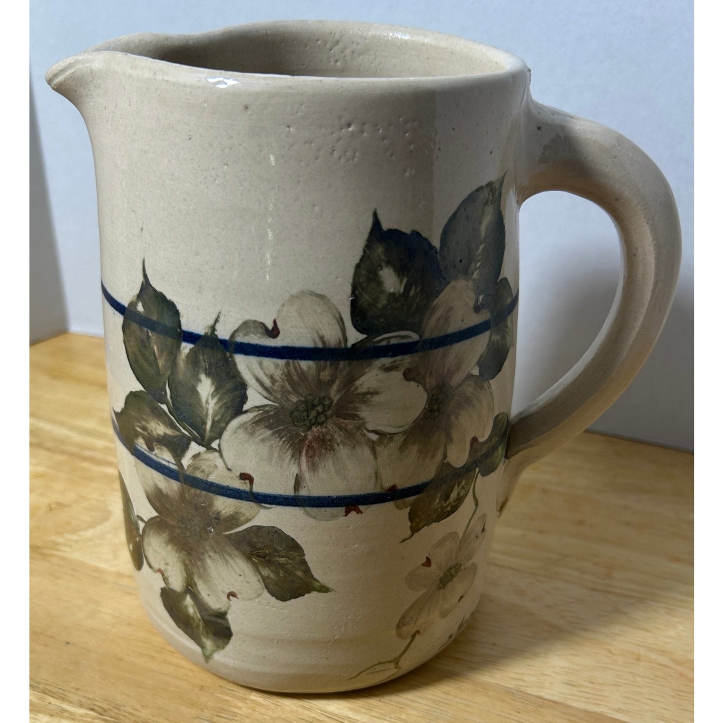 Hand-Painted Pottery Pitcher Signed B Mantegna – Dogwood Floral Design