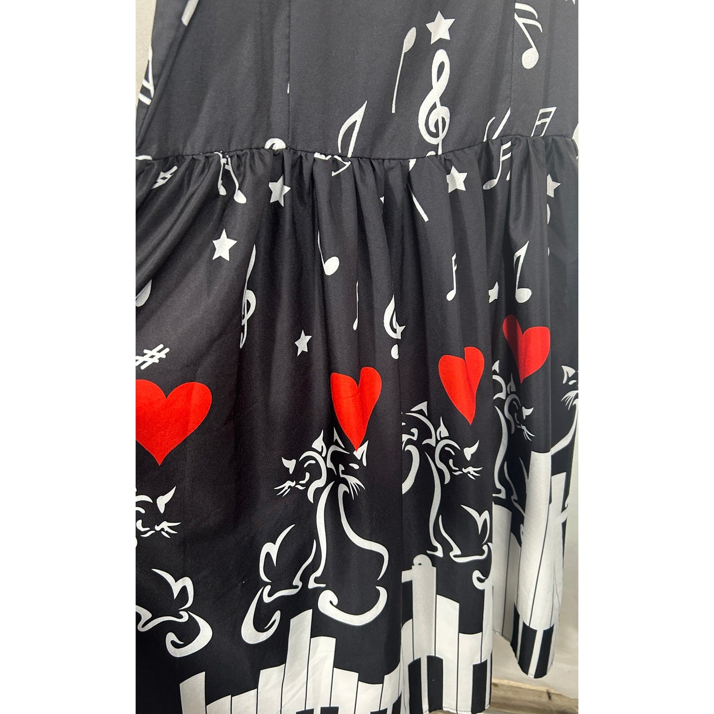 Black Midi Dress with Music Notes, Piano Keys, Cats & Hearts – 2XL
