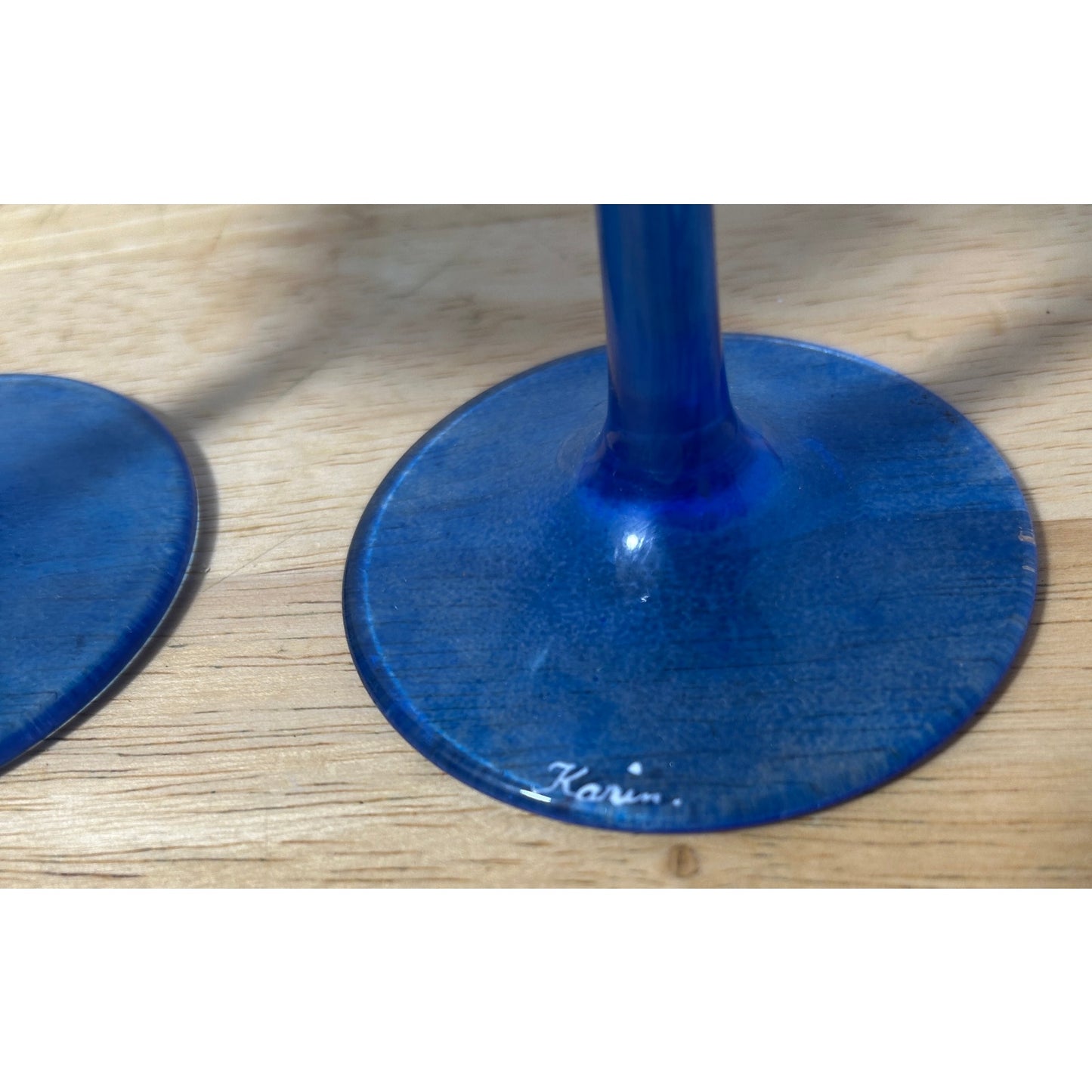 Hand‑Painted Blue “Karin” Wine Goblets Silver Rim, 7.25″ Tall, Set of 2