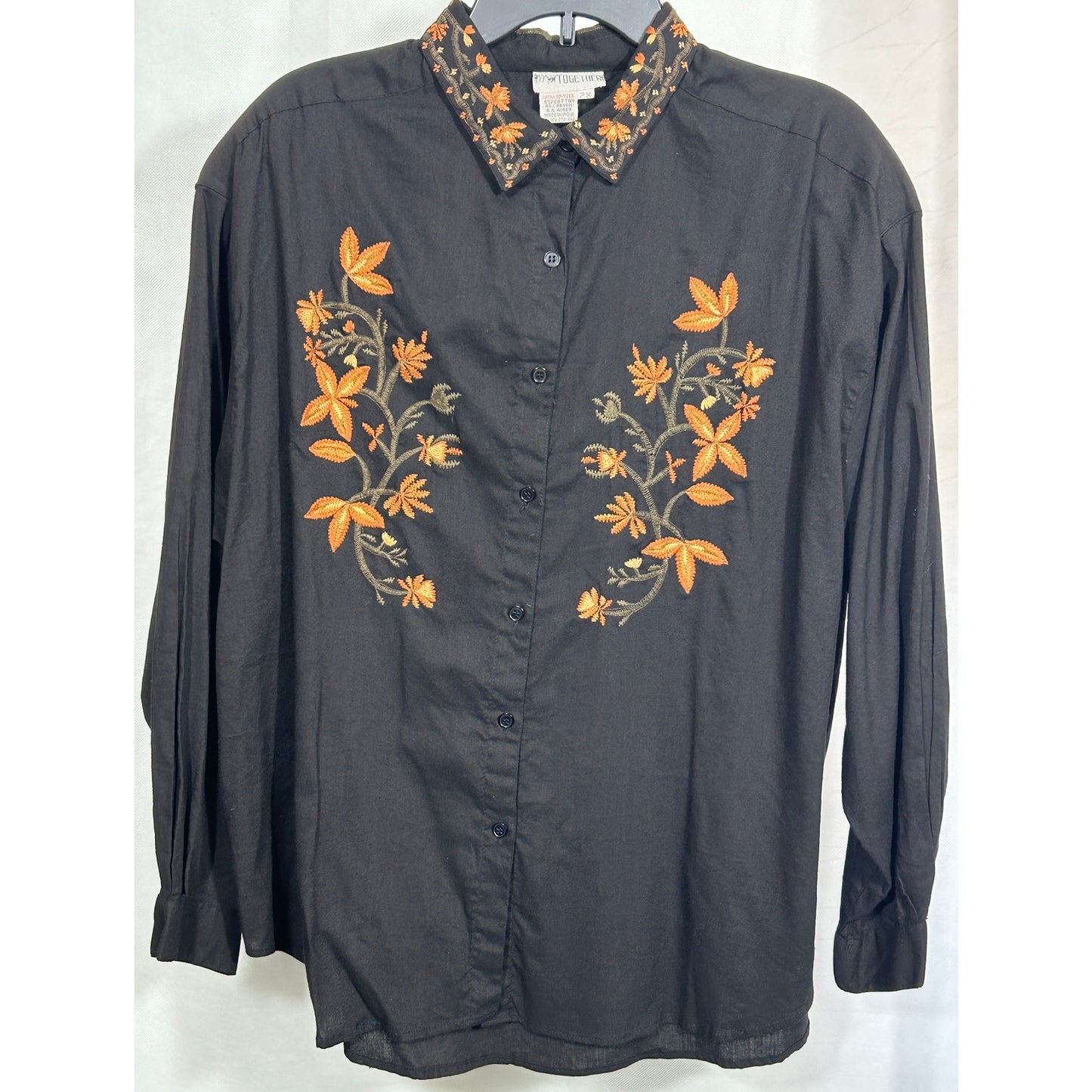 Vintage Together Black Embroidered Button Down Shirt 2X Floral Western