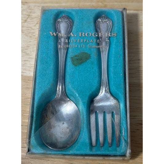 Vintage Wm. A. Rogers Silverplate Baby Spoon & Fork Set in Original Box