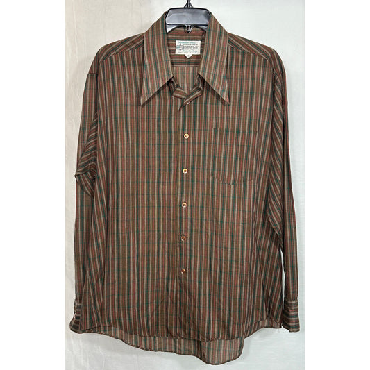 Vintage Men's Brown Stripe Button-Up Shirt XL Made in Korea 70s Retro