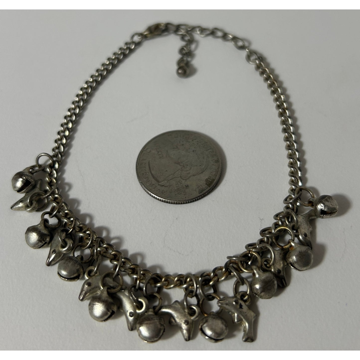 Vintage Charm Bracelet with Bells & Dolphins – Silver Tone 9.5”