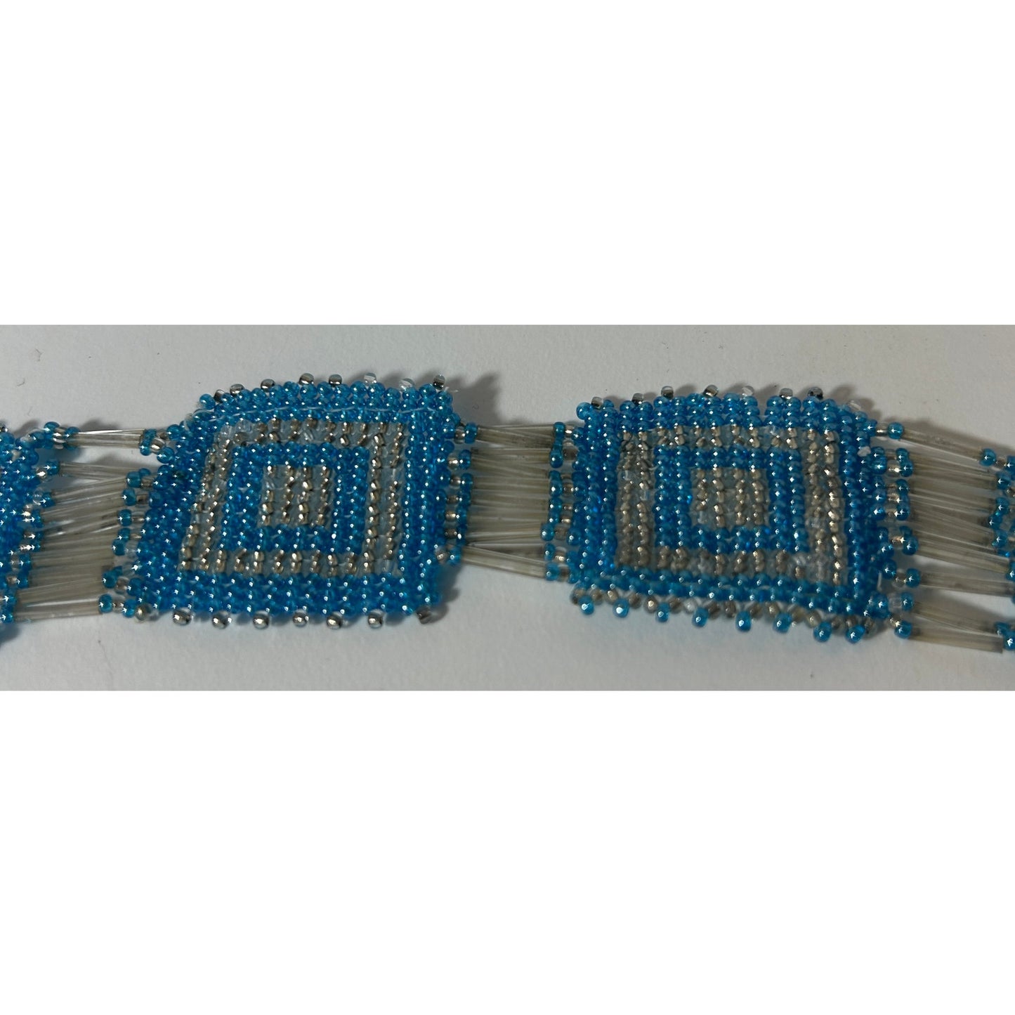 Handmade Blue Silver Seed Bead Woven Bracelet 8.25" Geometric Squares