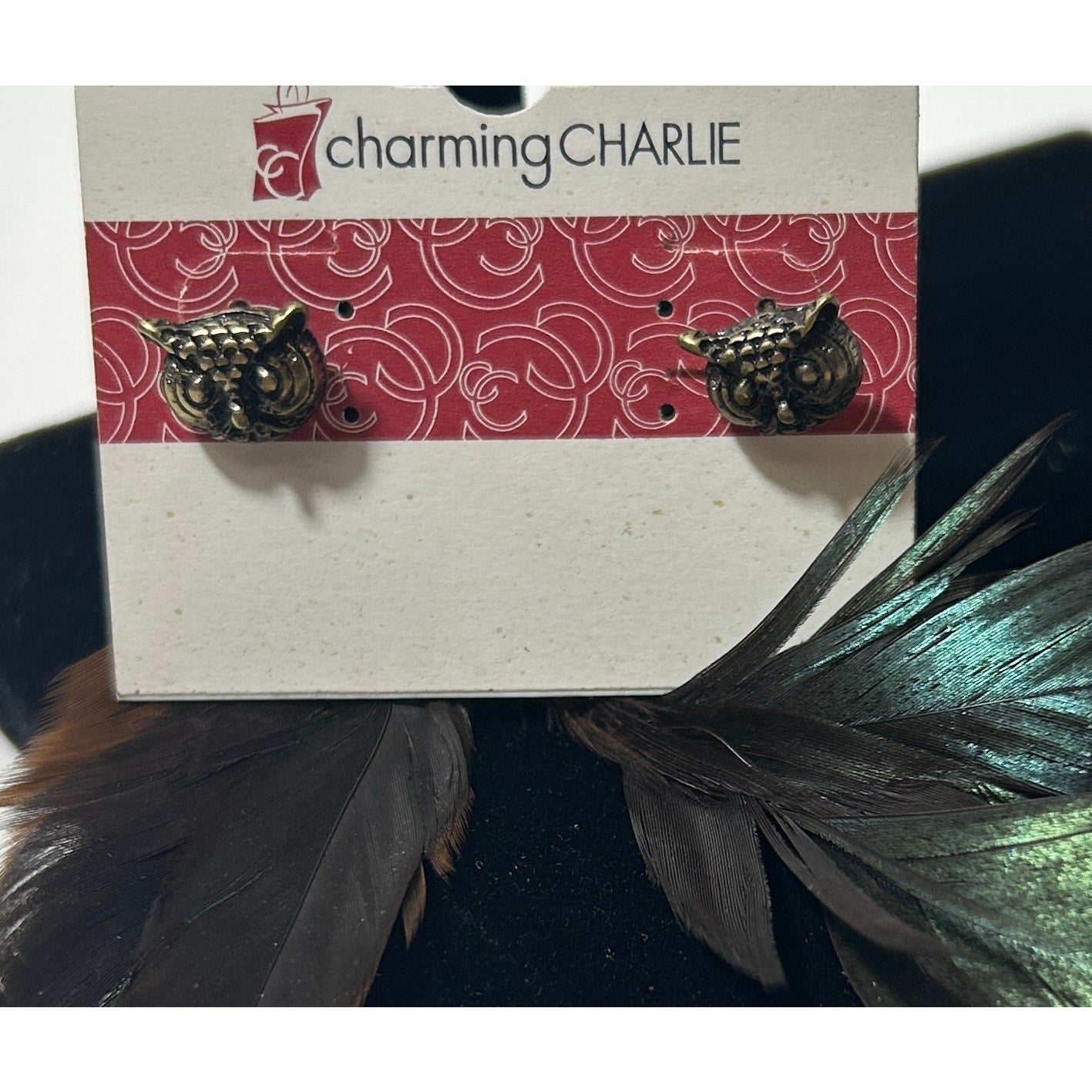 Charming Charlie Owl Stud Earrings with Long Iridescent Feather Dangles