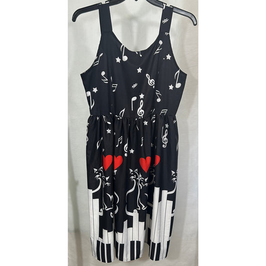 Black Midi Dress with Music Notes, Piano Keys, Cats & Hearts – 2XL