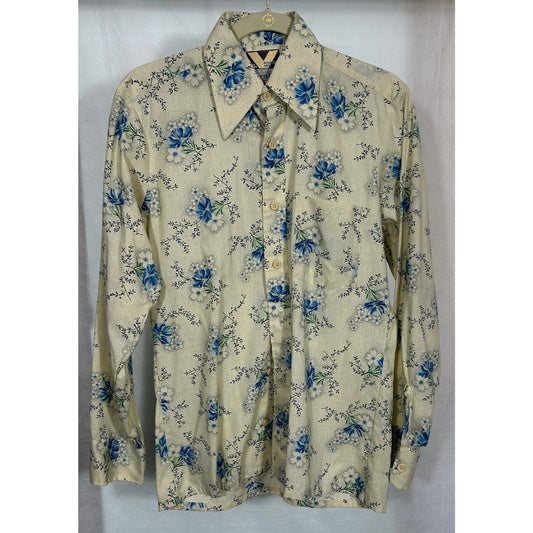 Vintage Golden Vee Country Store Floral Shirt S Blue Flower Print 70s