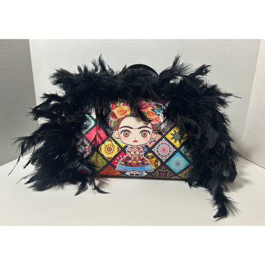 Colorful Frida Kahlo Feathered Purse with Black Boa Trim 7"x10"