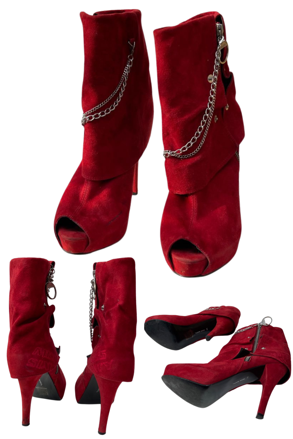 🔥 RARE Miss Sixty Red Suede Peep-Toe Ankle Boots with Chain Detail 🔥