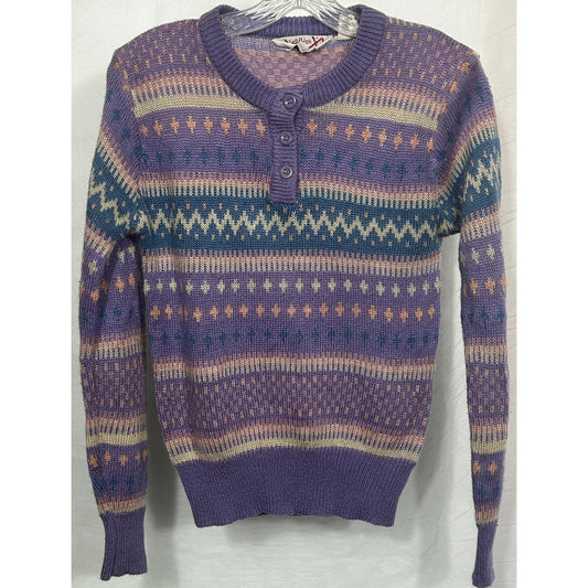 Vintage Licorice Korea Purple Fair Isle Knit Sweater Henley Acrylic S