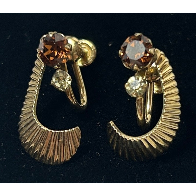 Vintage Van Dell Gold-Tone Screw Back Earrings with Amber Rhinestones