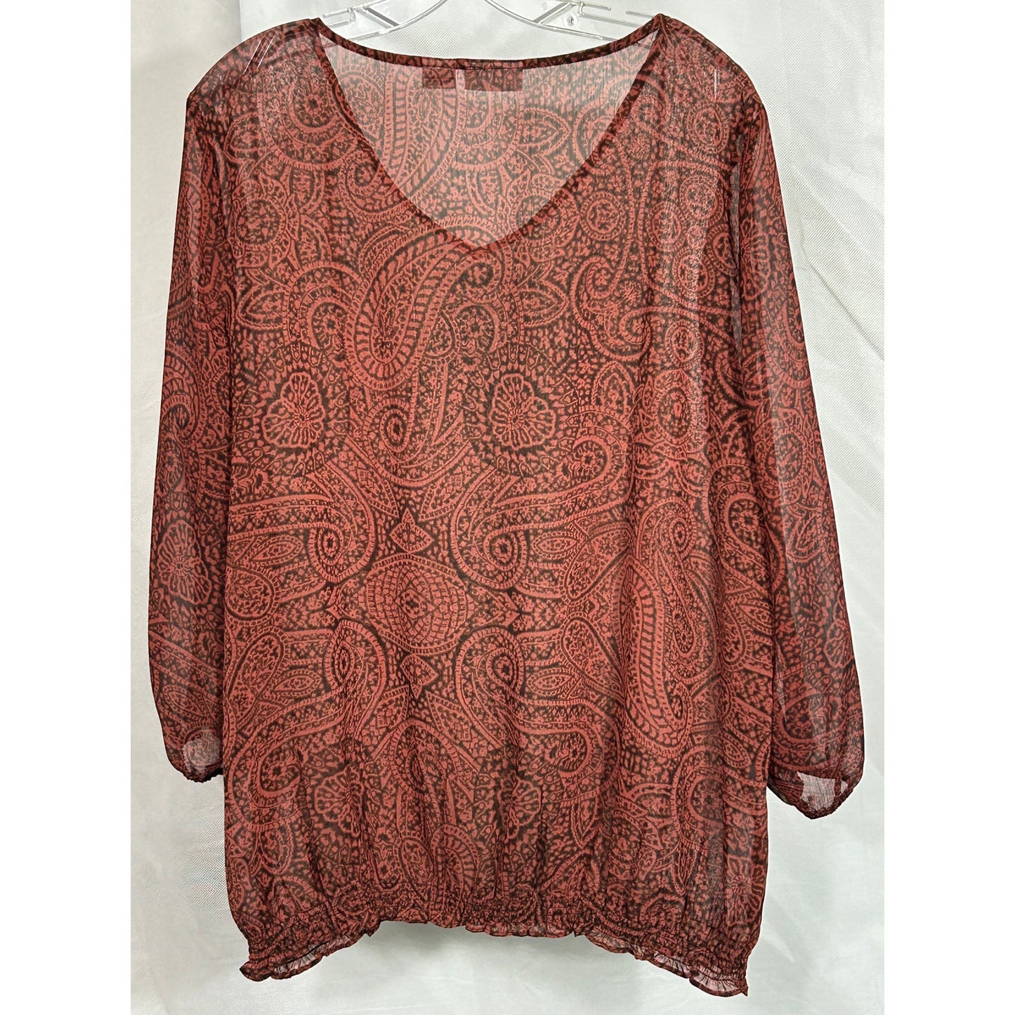 Liz Claiborne Sheer Paisley Blouse Burnt Red Brown XL Boho Peasant Style