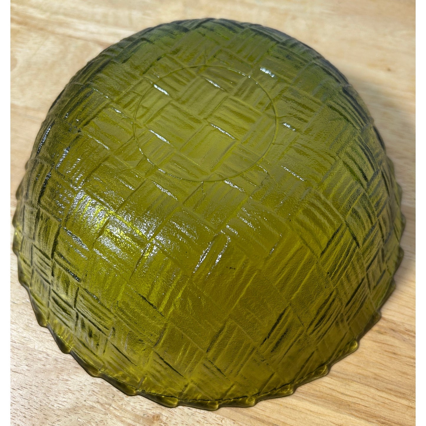 Vintage Green Glass Basketweave Textured Bowl, 9″ Diameter, 3″ Tall